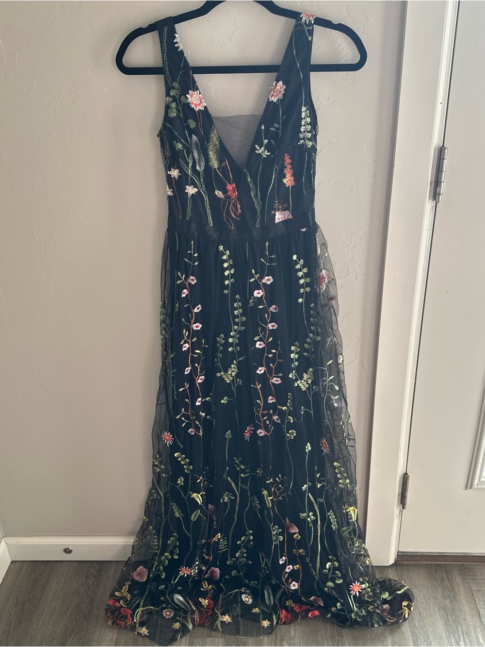 Black Maxi Dress with Floral Embroidery